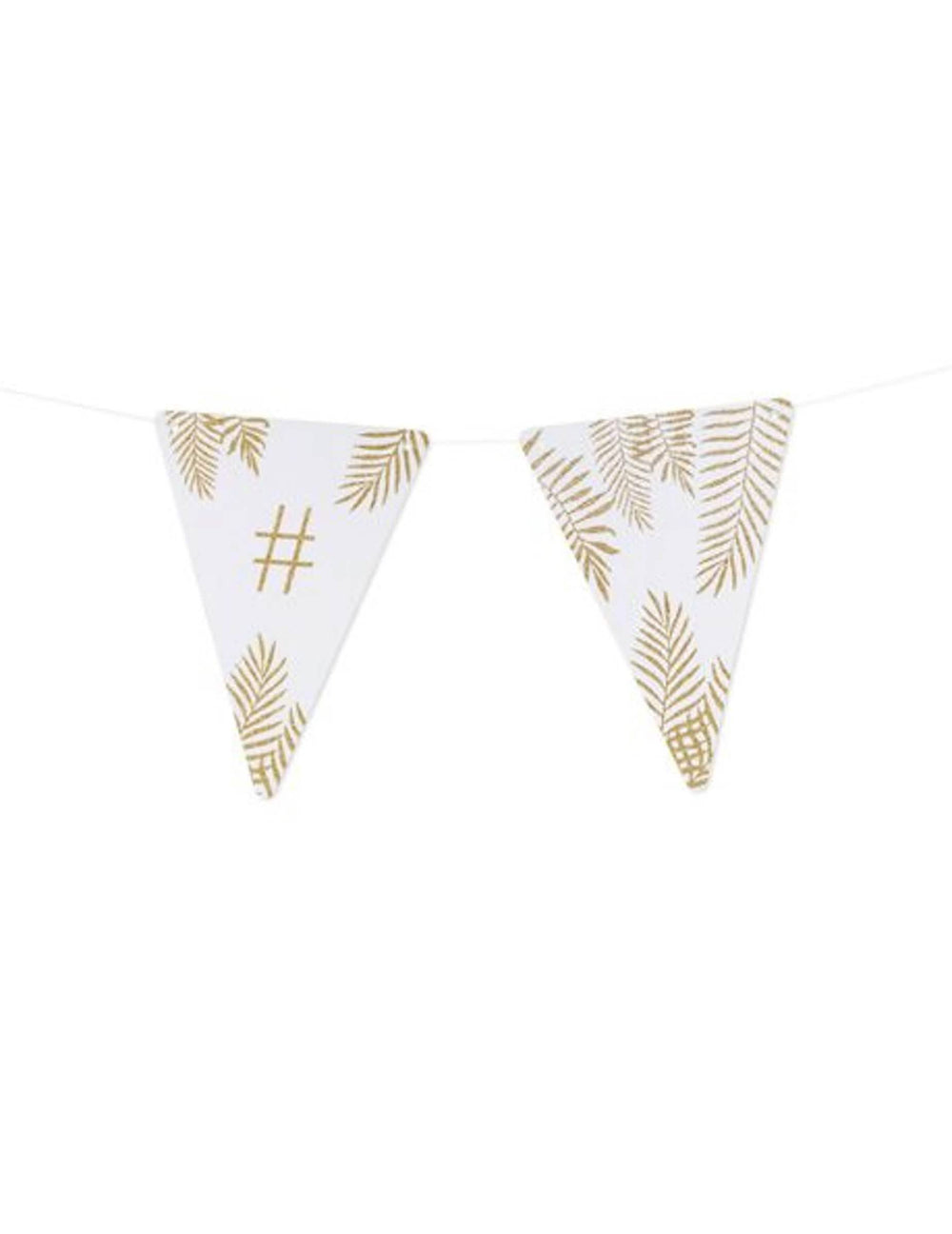Détail du symbole hashtag et des motifs des fanions lettres thème fougères blanc et paillettes dorées