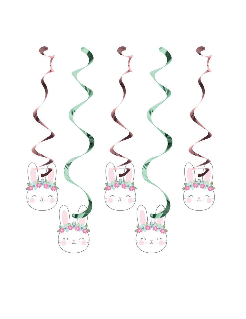 Suspensions spirale en carton petit lapin pour anniversaire rose et vert métallisé