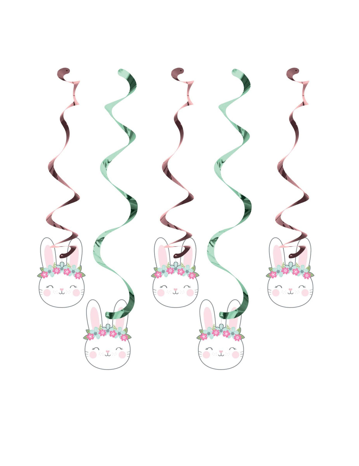 Suspensions spirale en carton petit lapin pour anniversaire rose et vert métallisé