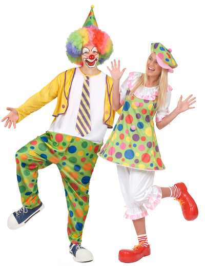 Clown koppelkostuum met stippen voor volwassenen