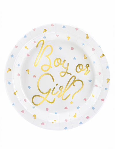 Assiettes en carton Boy or Girl pour baby shower blanches avec lettrage doré
