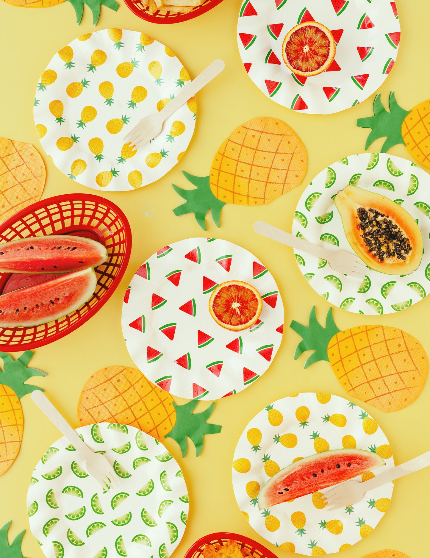 6 Kartonnen borden fruit watermeloen, citroen, ananas 20,5 cm