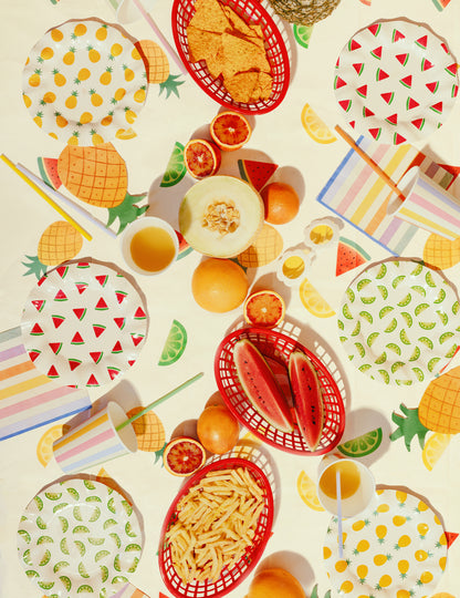 6 Kartonnen borden fruit watermeloen, citroen, ananas 20,5 cm