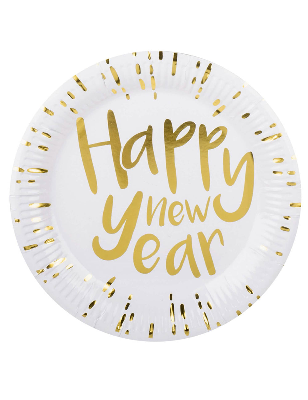 Assiettes en carton Happy New Year pour le réveillon blanches et dorées