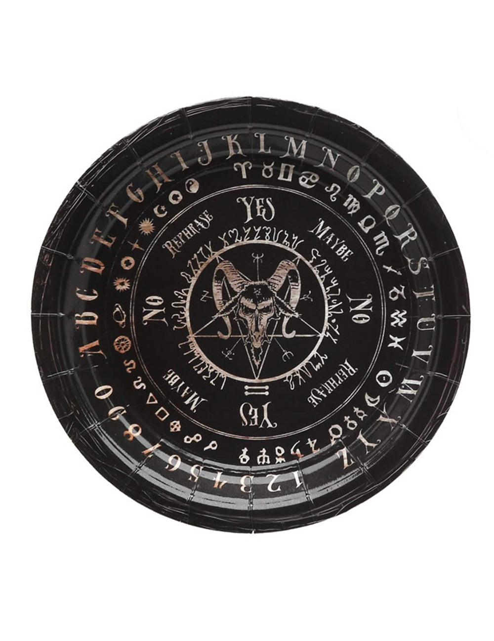 Assiette en carton ouija pour fête noire avec motif Baphomet et alphabet