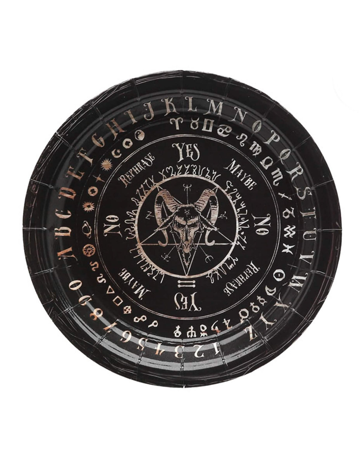 Assiette en carton ouija pour fête noire avec motif Baphomet et alphabet