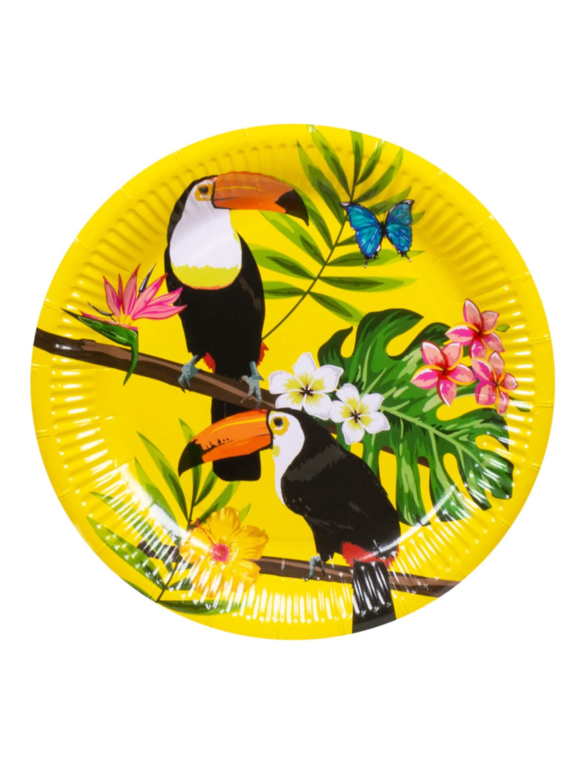 Mise en situation sur une table de fête des assiettes en carton toucan