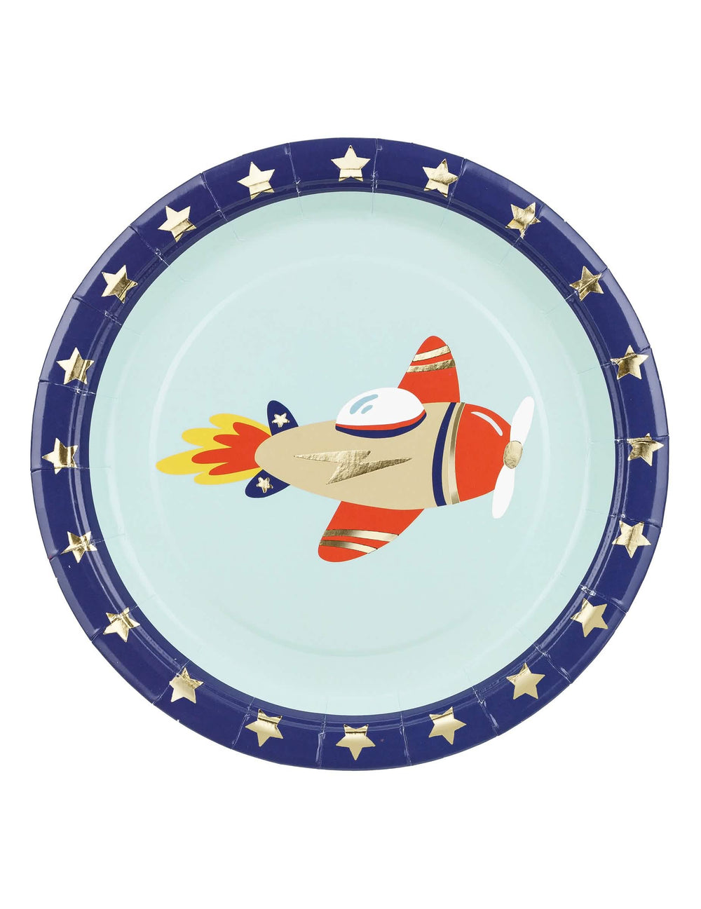 Assiettes en carton petit avion pour enfant bleu à étoiles dorées