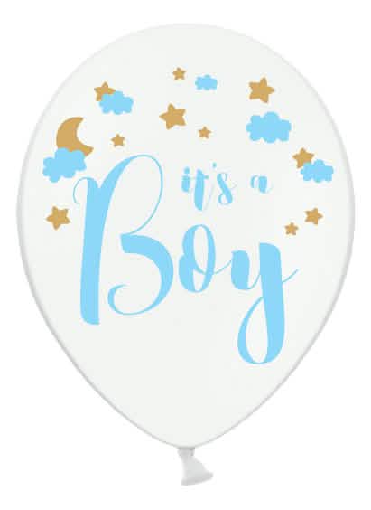 Ballon it's a boy pour baby shower blanc avec motifs bleus et dorés