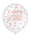 Ballons en latex happy birthday à pois pour anniversaire blancs et roses