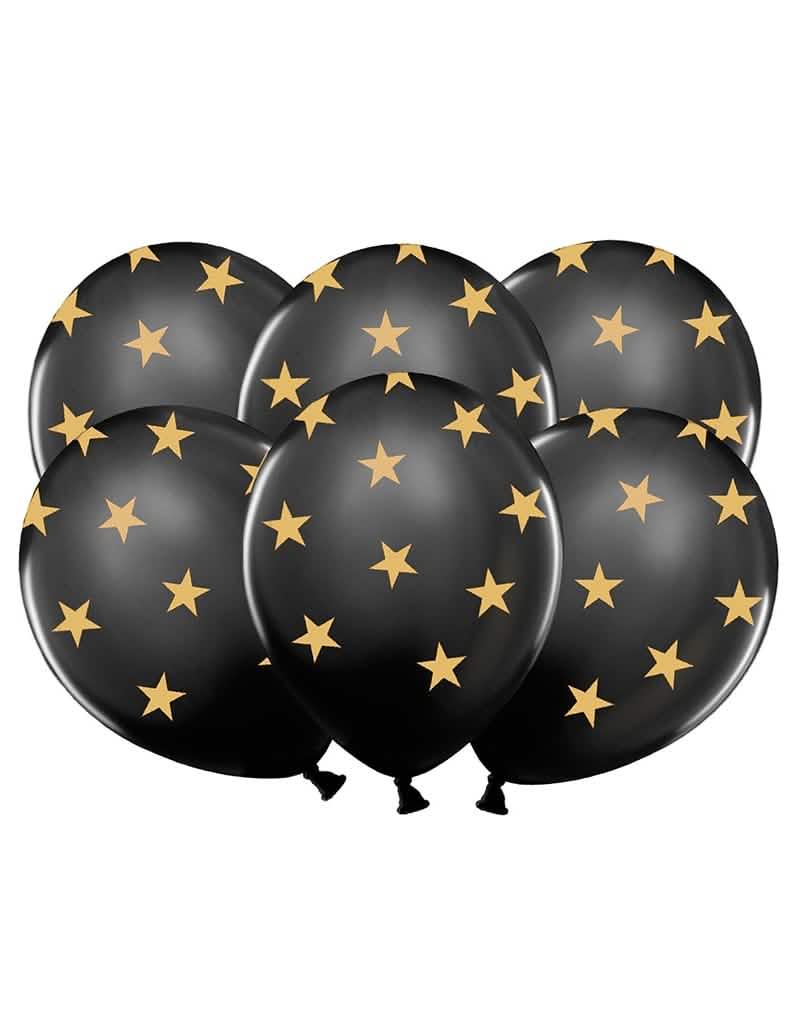 6 ballons en latex étoiles noirs et dorés