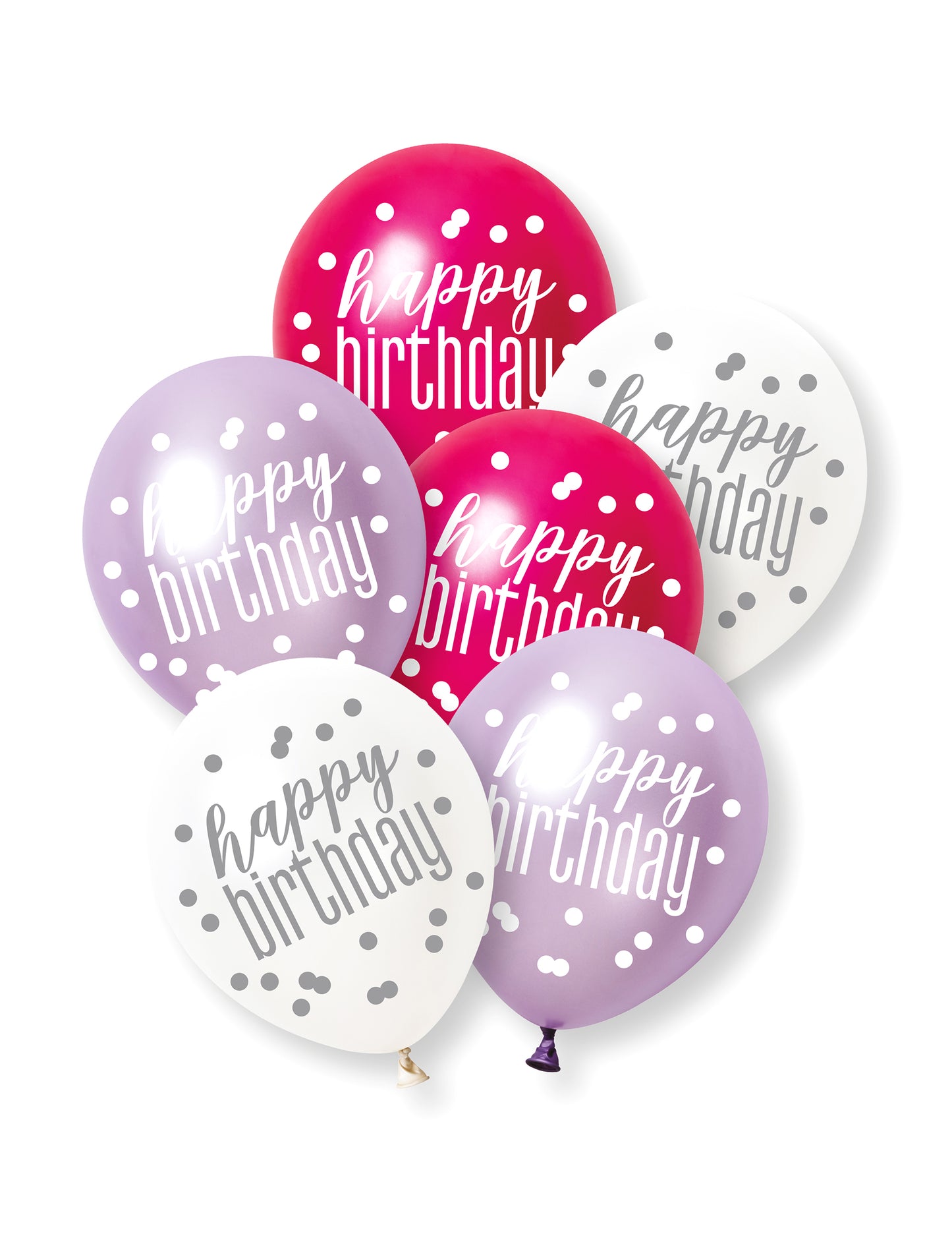 6 Ballons roses, violets et blancs Happy Birthday