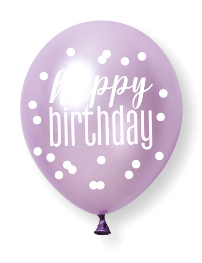 6 Ballons roses, violets et blancs Happy Birthday