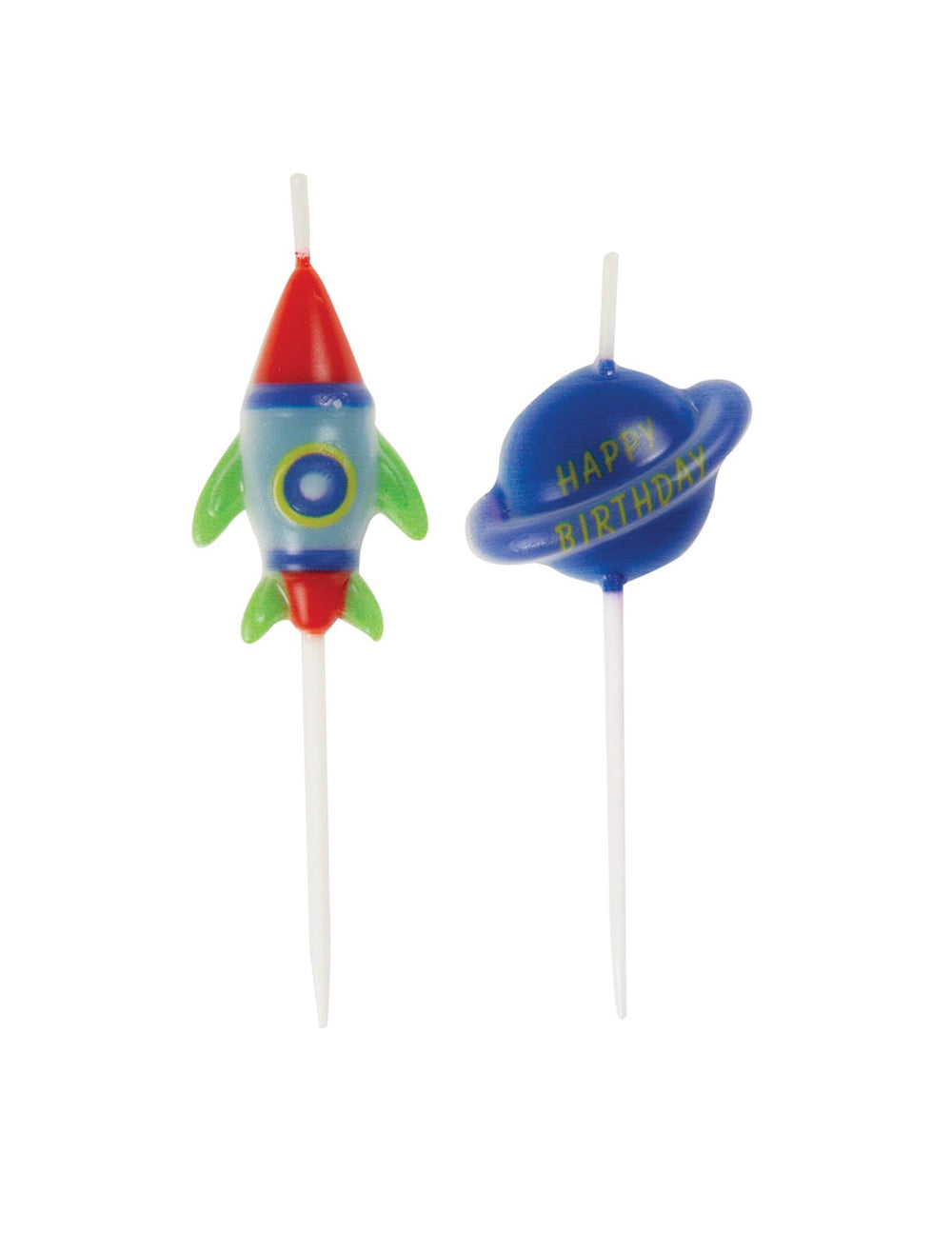 kaarsjes verjaardag univers voor kinderen in de vorm van een raket en een blauwe planeet