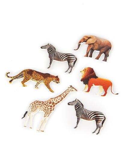 Vue d'ensemble des 6 modèles du confettis de table animaux de la savane en bois
