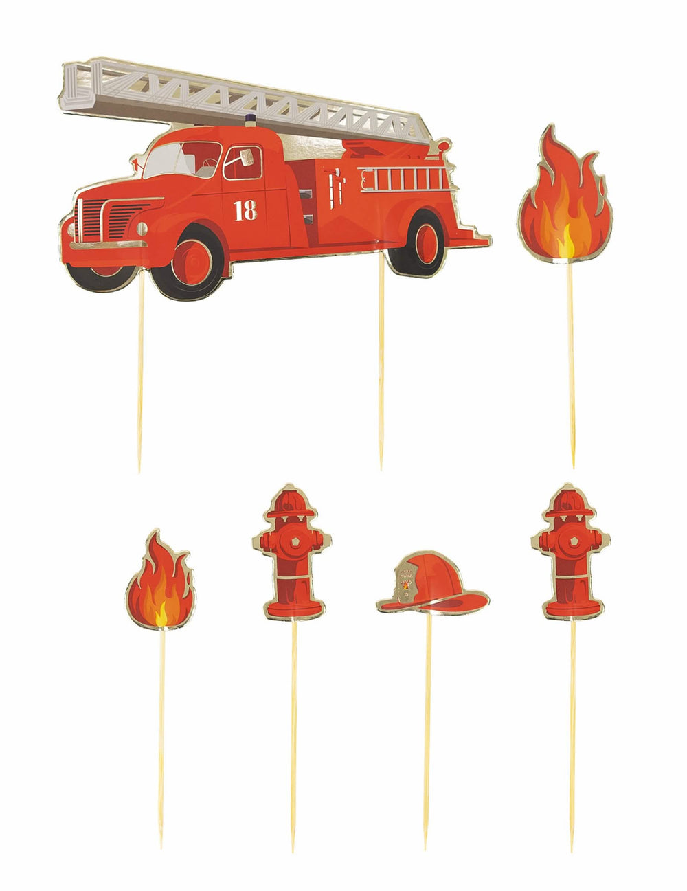 6 decoraties voor taart Brandweerman voor kinderen rood met vrachtwagen en vlammen