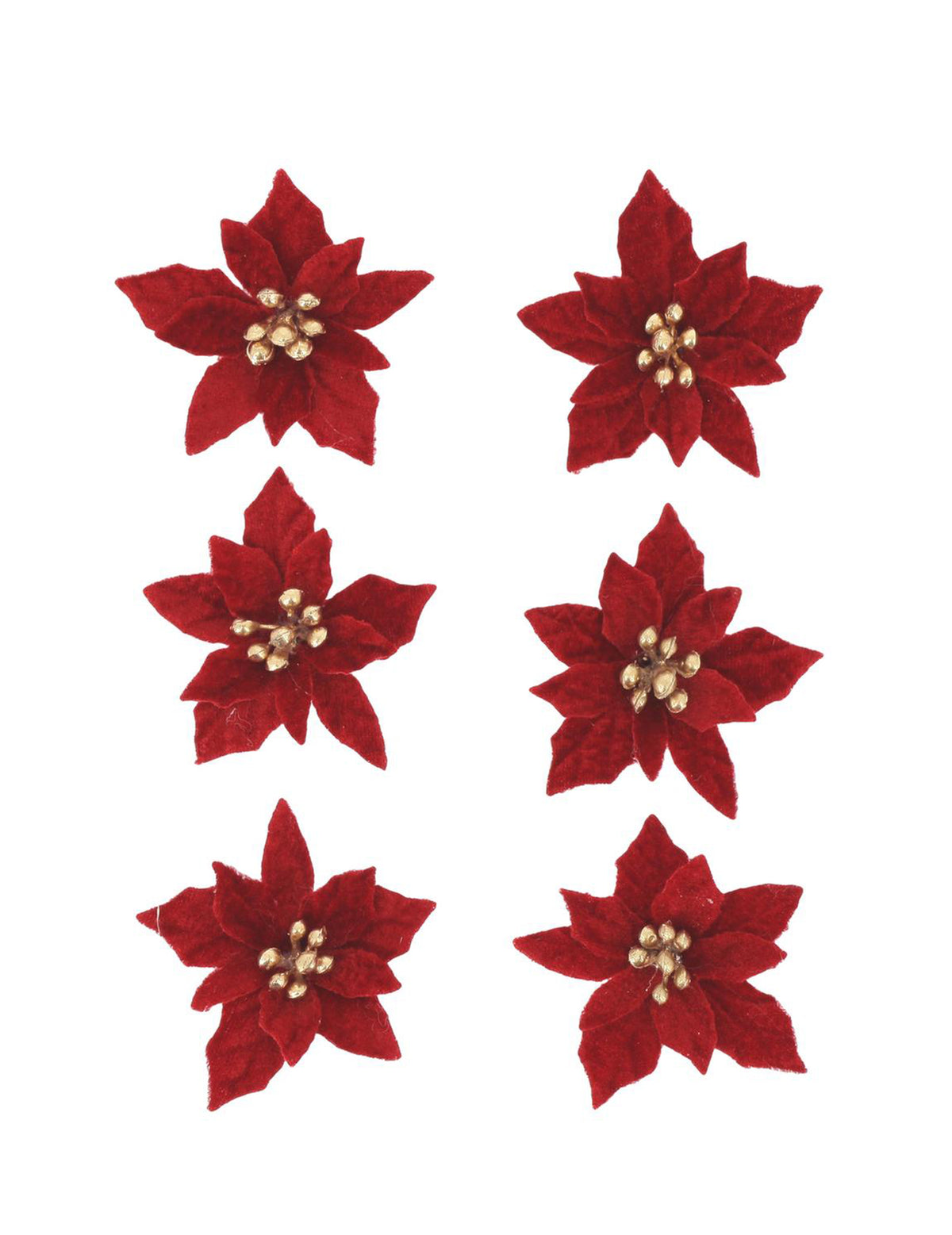 6 zelfklevende poinsettia bloemen van fluweel rood en goud 5,5 cm