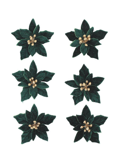 6 fleurs poinsettia adhésives velours vert foncé et or 5,5 cm