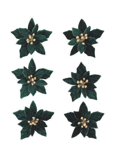 6 zelfklevende poinsettia bloemen van donkergroen en goud fluweel 5,5 cm