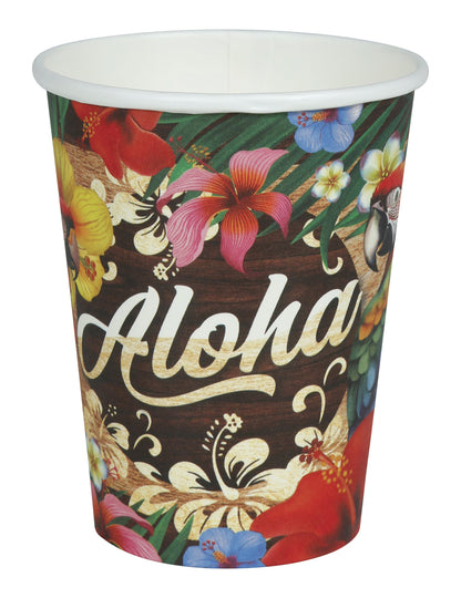 Gobelets Aloha Hawaï pour fête avec fleurs exotiques et perroquets