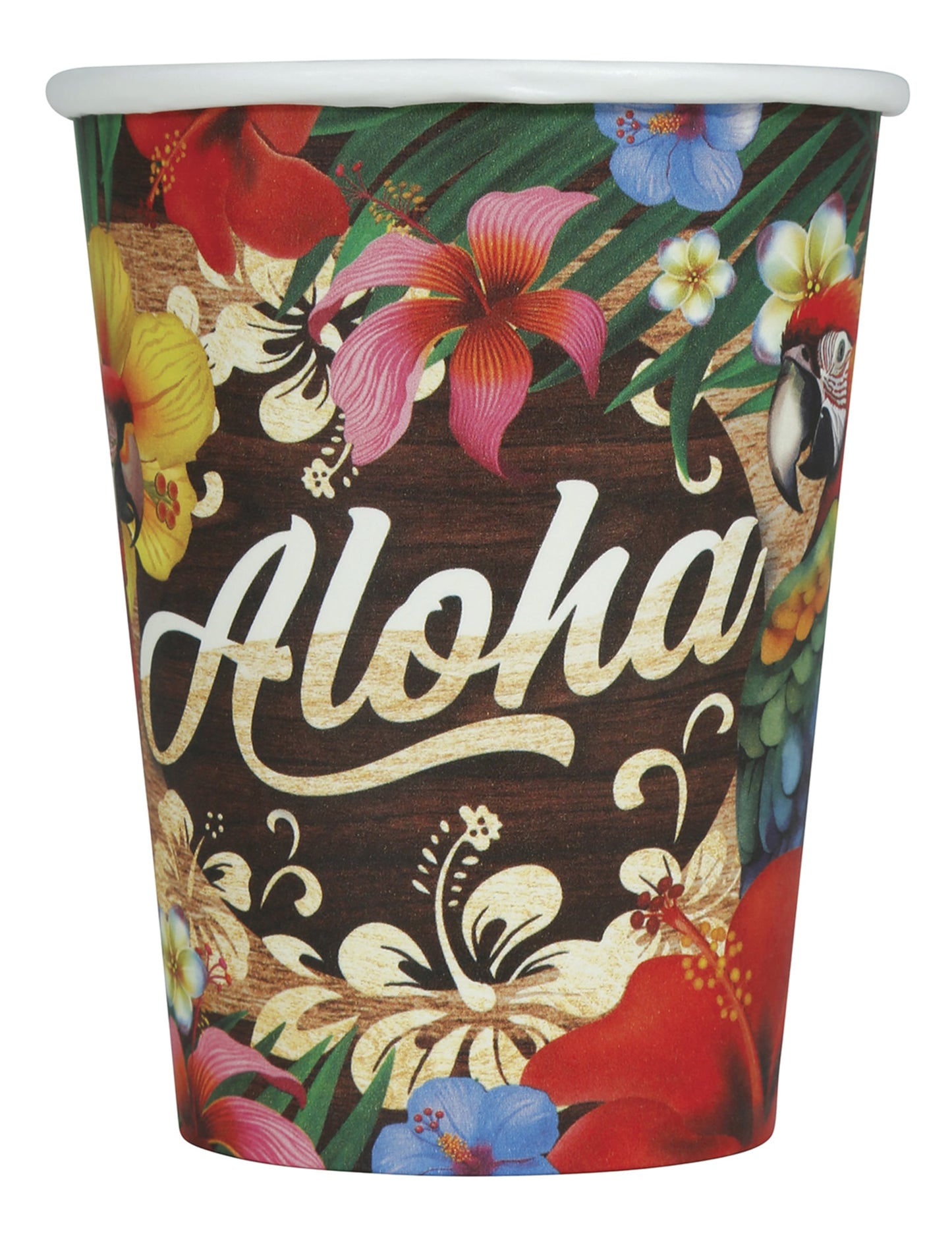 Gros plan sur l'imprimé floral et perroquet des gobelets Aloha Hawaï