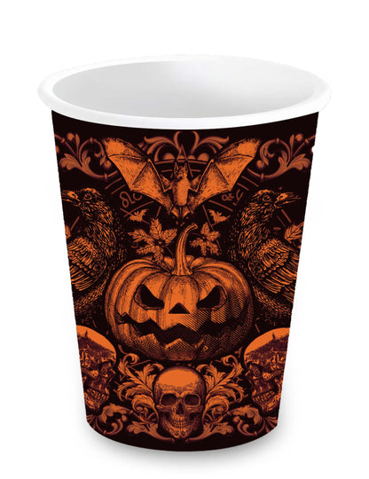 Gobelet citrouille gothique pour Halloween orange et noir avec motifs de corbeau et crâne