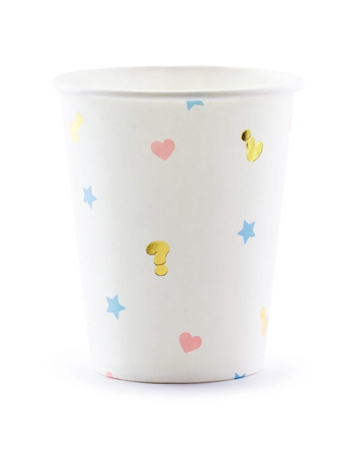 Gobelets en carton boy or girl pour baby shower blancs avec coeurs roses étoiles bleues et points d'interrogation dorés