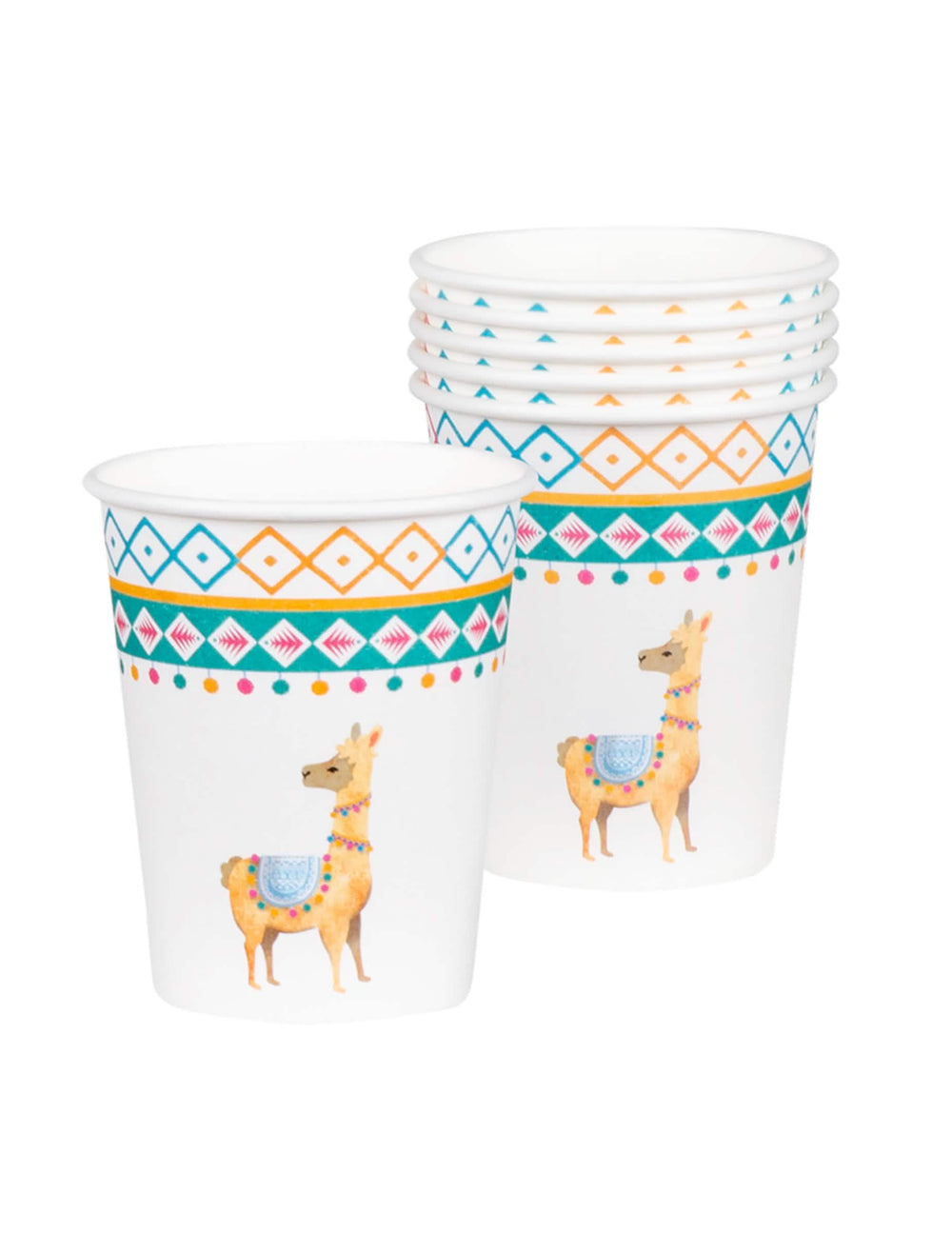 Gobelets en carton lama pour fête blancs avec motifs colorés