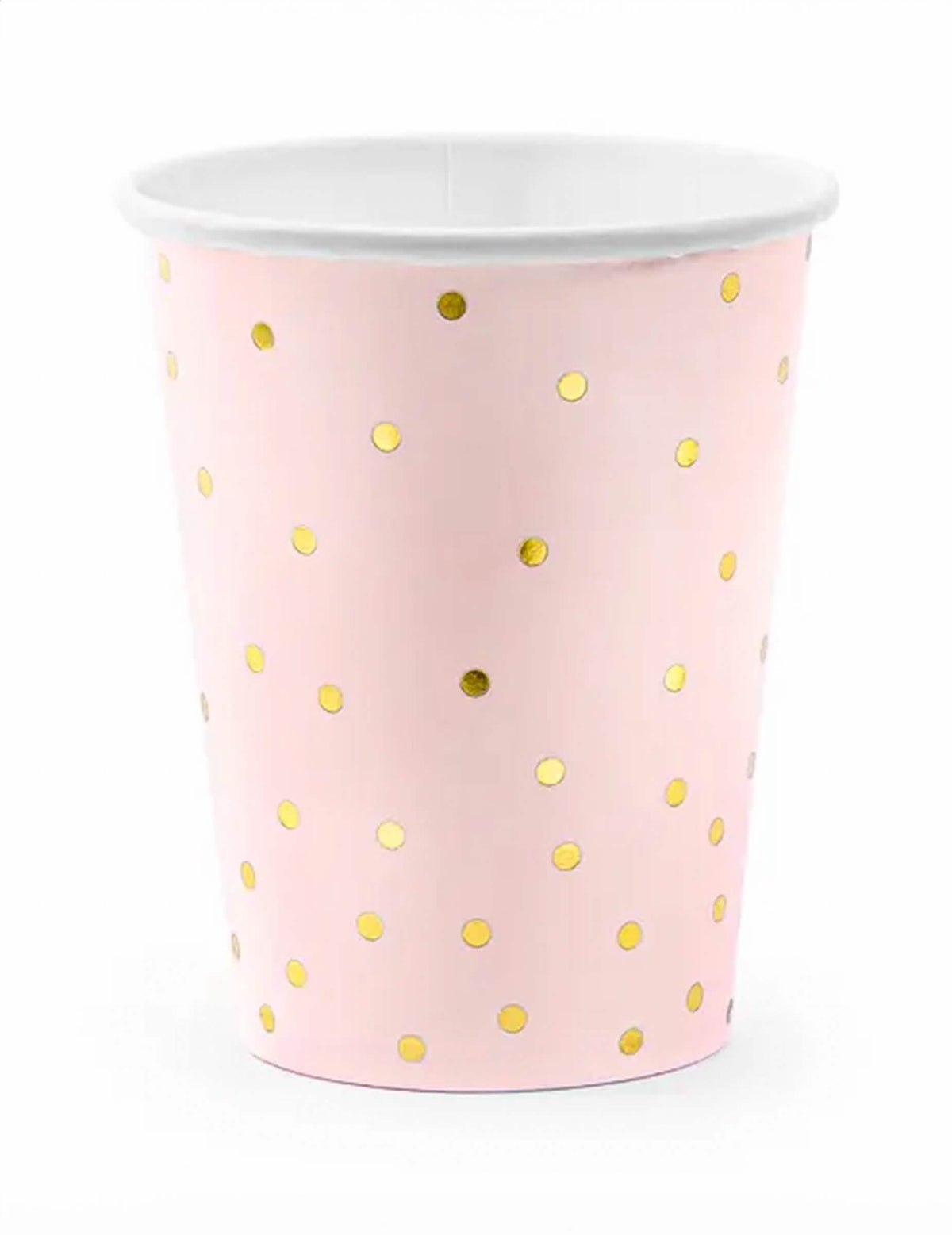Gobelets en carton rose pâle et pois dorés pour fête rose et or