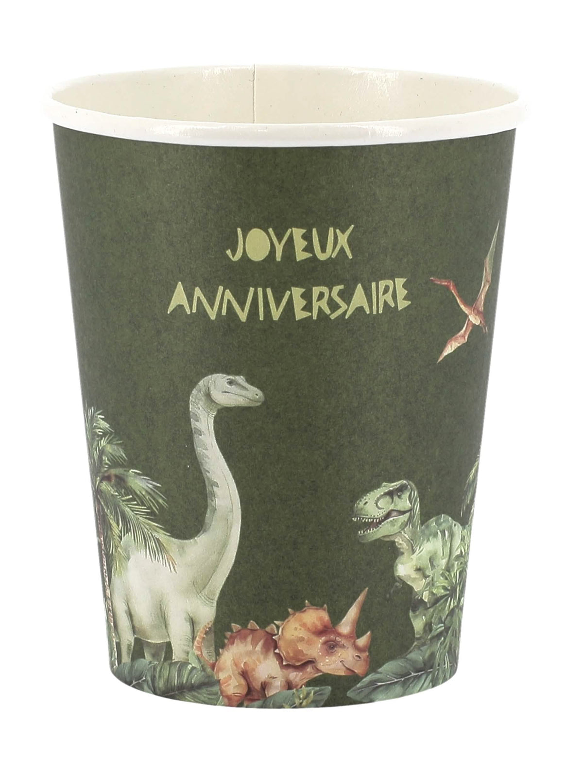 Gobelets joyeux anniversaire dinosaures vert en carton thème jungle