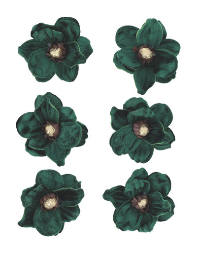 6 magnolias adhésifs velours vert foncé et or 6 cm