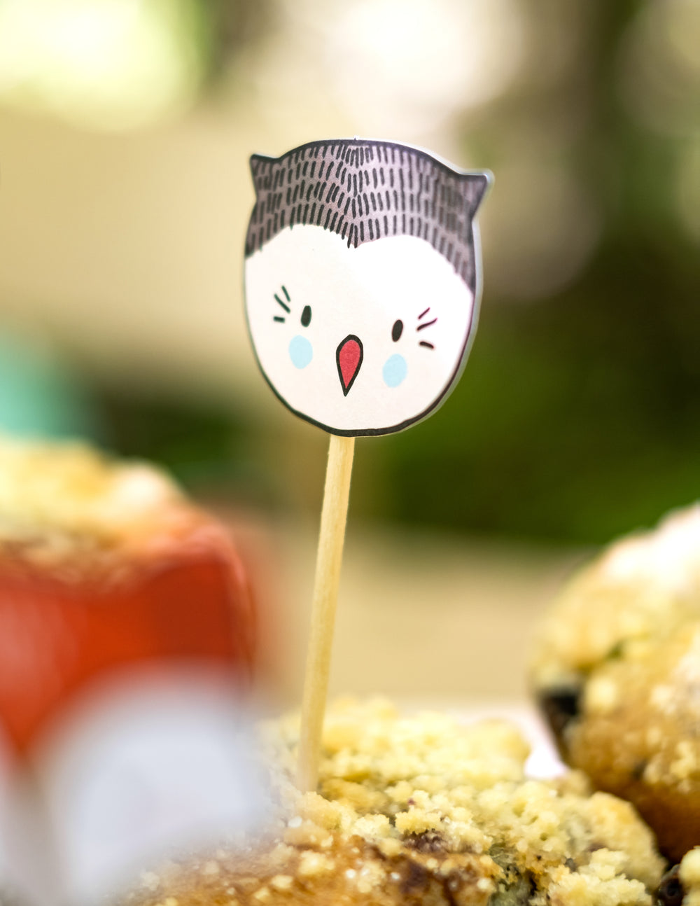 Gros plan sur le pic en bois hibou des moules à cupcake et pics en bois animaux de la forêt