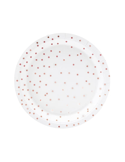 Assiettes en carton à pois pour table blanches et rose gold