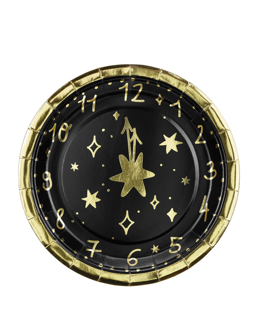 Petites assiettes rondes Nouvel An Horloge pour fête noir et doré