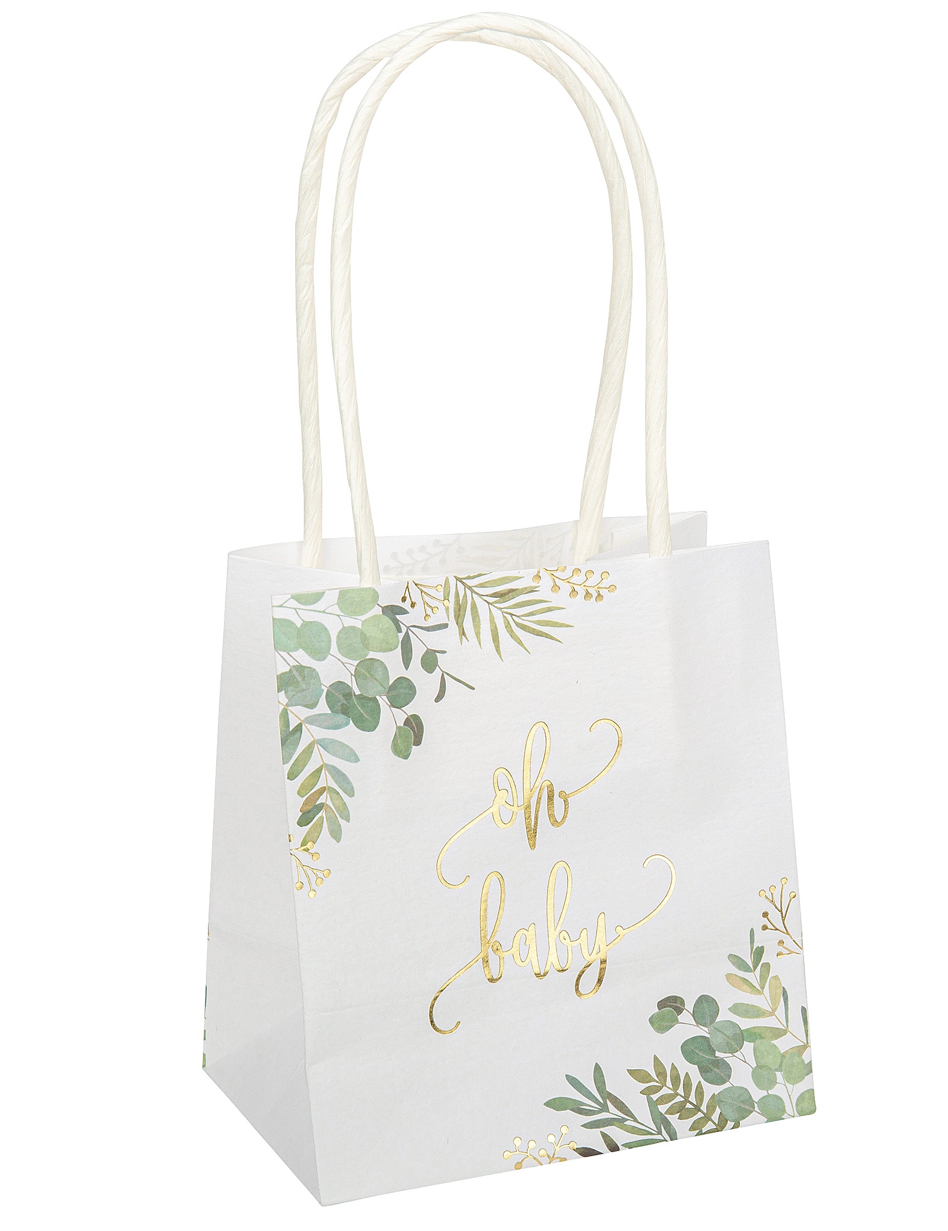 Sachet à goodies Oh Baby eucalyptus pour baby shower blanc avec dorure or