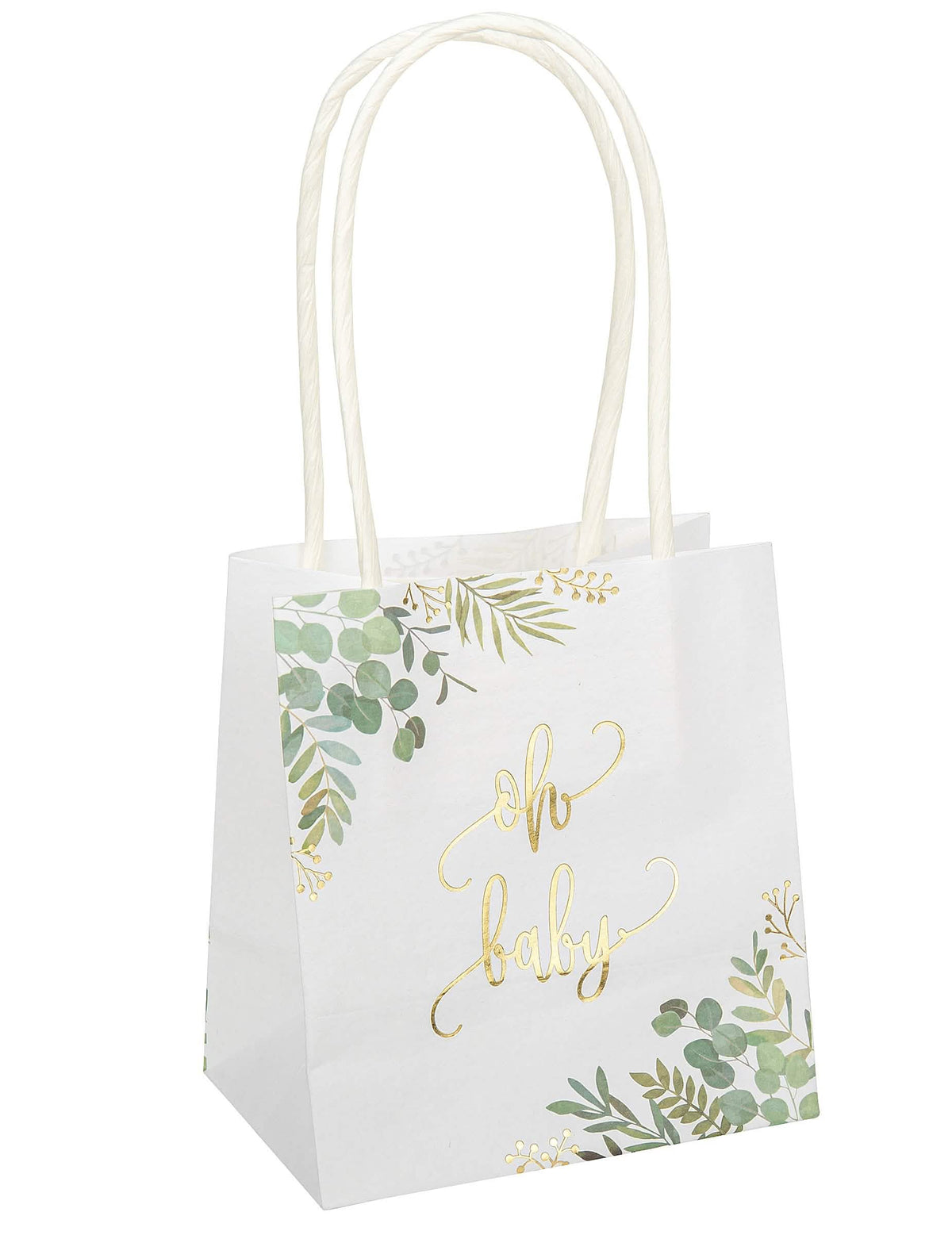Sachet à goodies Oh Baby eucalyptus pour baby shower blanc avec dorure or