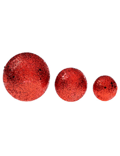 7 rode glitterballen van 3,5 tot 6,5 cm