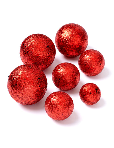 7 boules à paillettes rouges de 3,5 à 6,5 cm