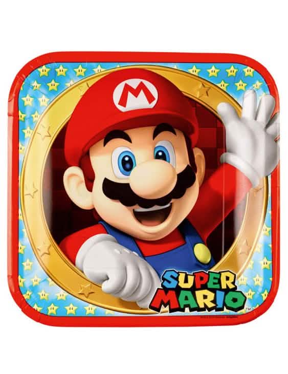 Papieren borden Super Mario voor feest, rood en blauw met sterrenmotief