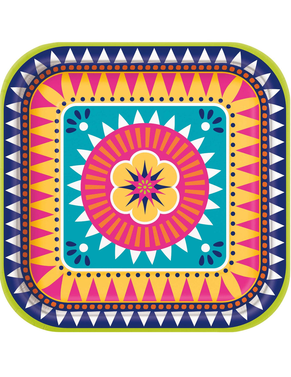 Assiettes carrées en carton boho fiesta multicolores avec motif fleur