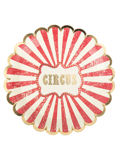 Assiettes en carton cirque vintage pour fête rouge et blanc à bordure dorée
