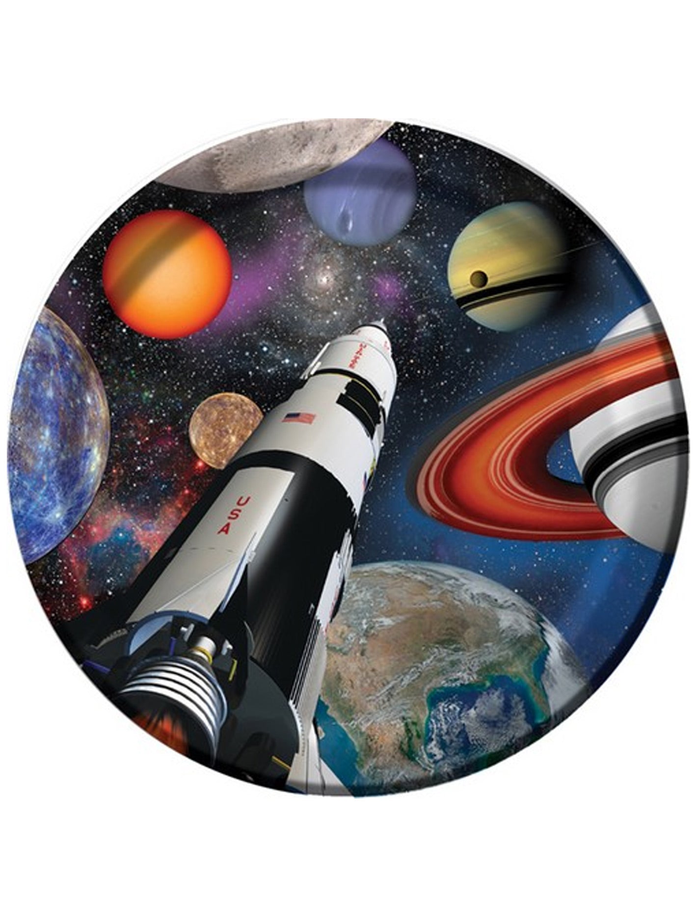Assiettes en carton anniversaire de l'espace pour enfant avec fusée et planètes colorées