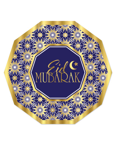 Assiettes en carton Aïd Mubarak pour fête bleues et or octogonales