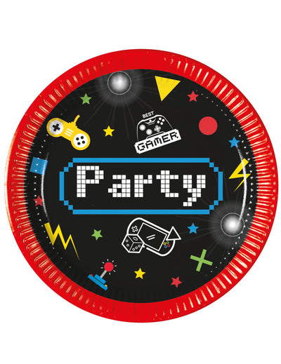 Petites assiettes en carton Gaming Party pour enfant noir et rouge avec motifs de jeux vidéo