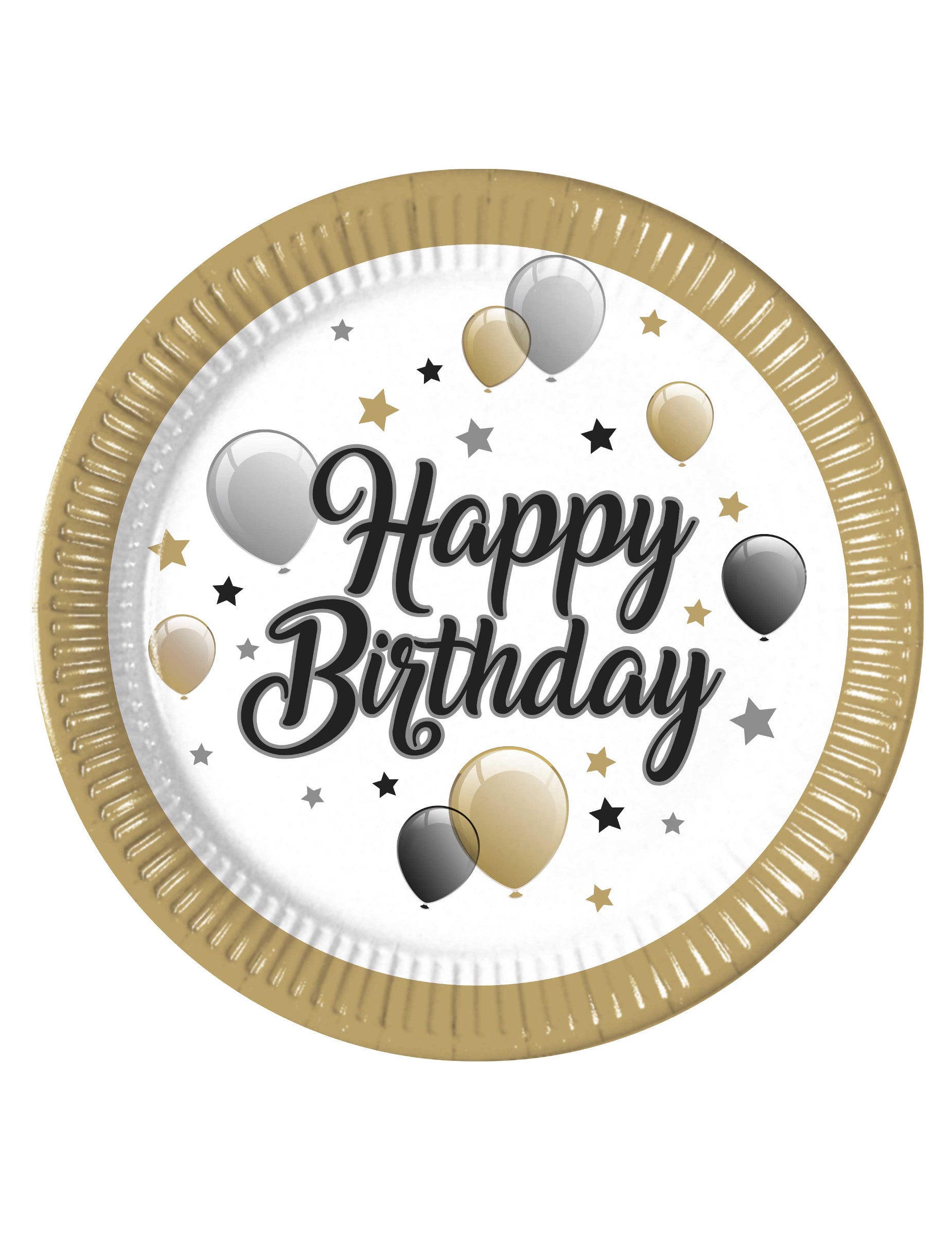 Assiettes en carton Happy Birthday pour anniversaire doré noir et argent
