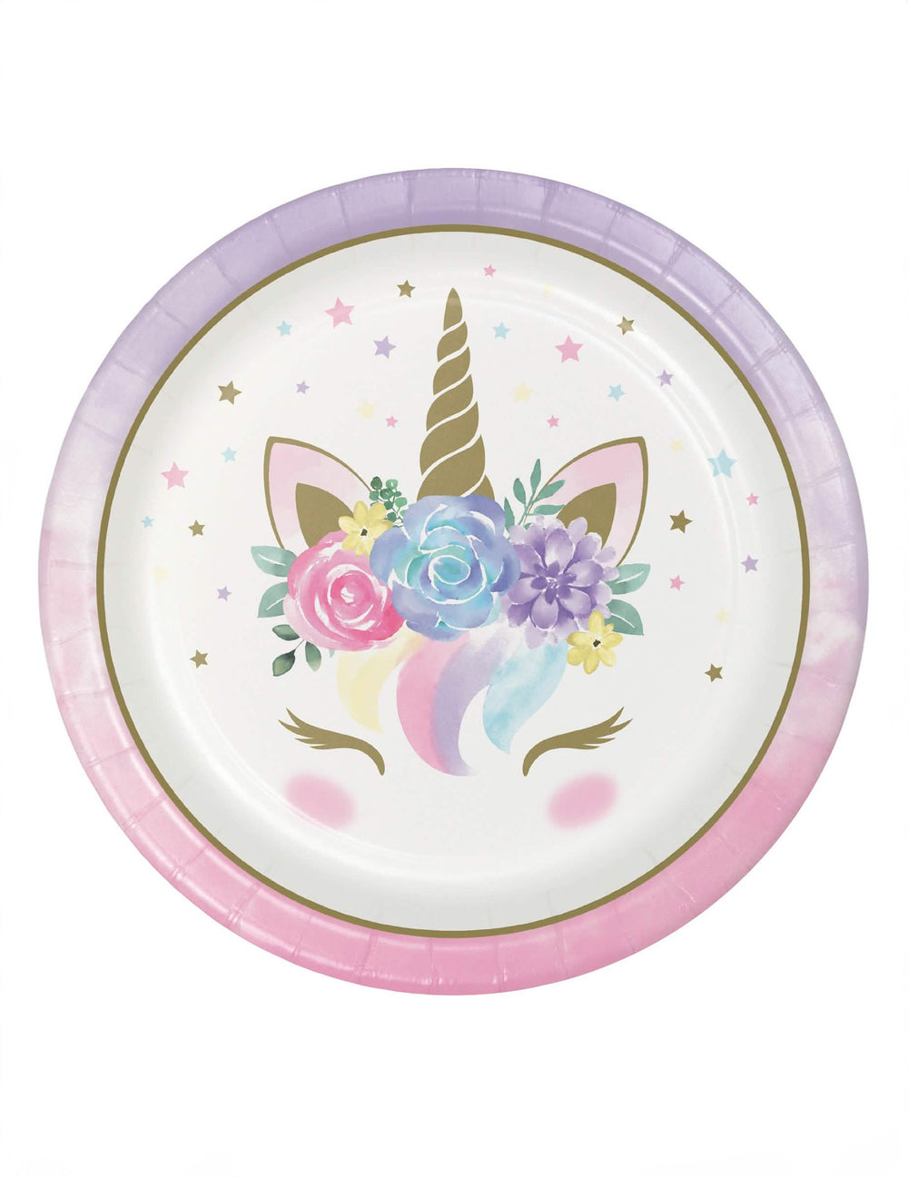 Assiettes en carton licorne féerique blanches aux motifs fleurs et corne dorée