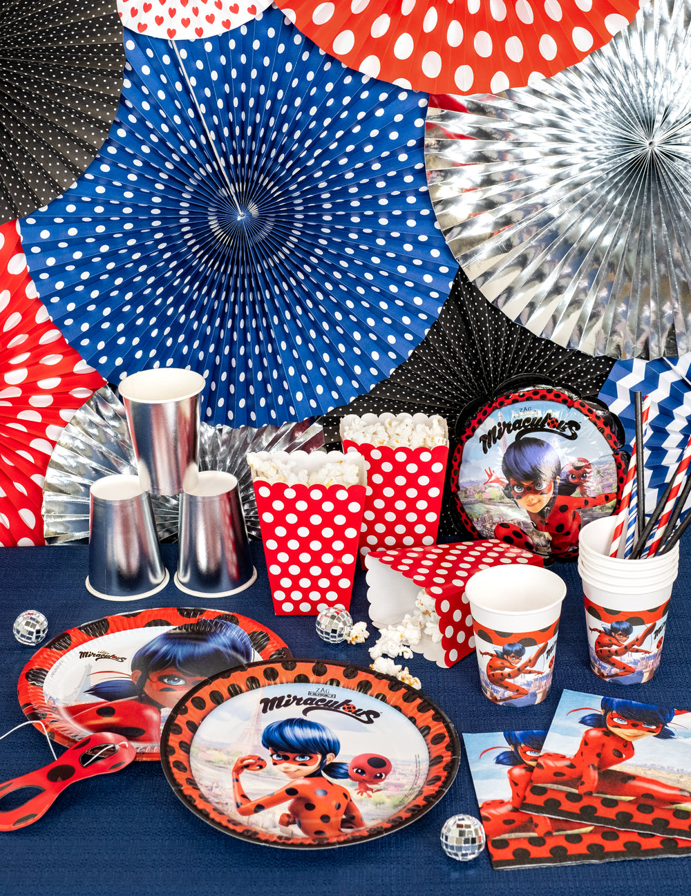 Vue d'ensemble de la décoration de table des assiettes en carton Miraculous Ladybug