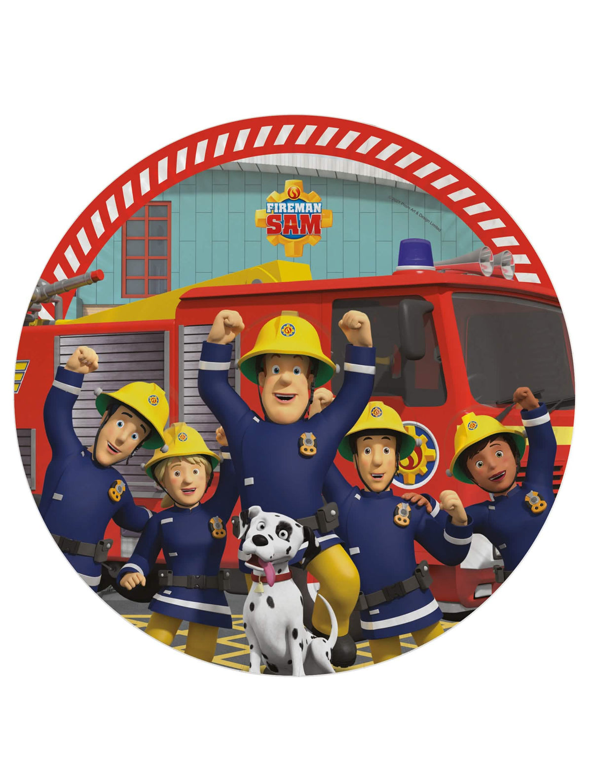 Assiette en carton Sam le Pompier pour enfant rouge avec camion et équipe de pompiers