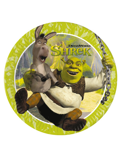 Assiettes en carton Shrek pour anniversaire vertes avec Shrek et l'Âne
