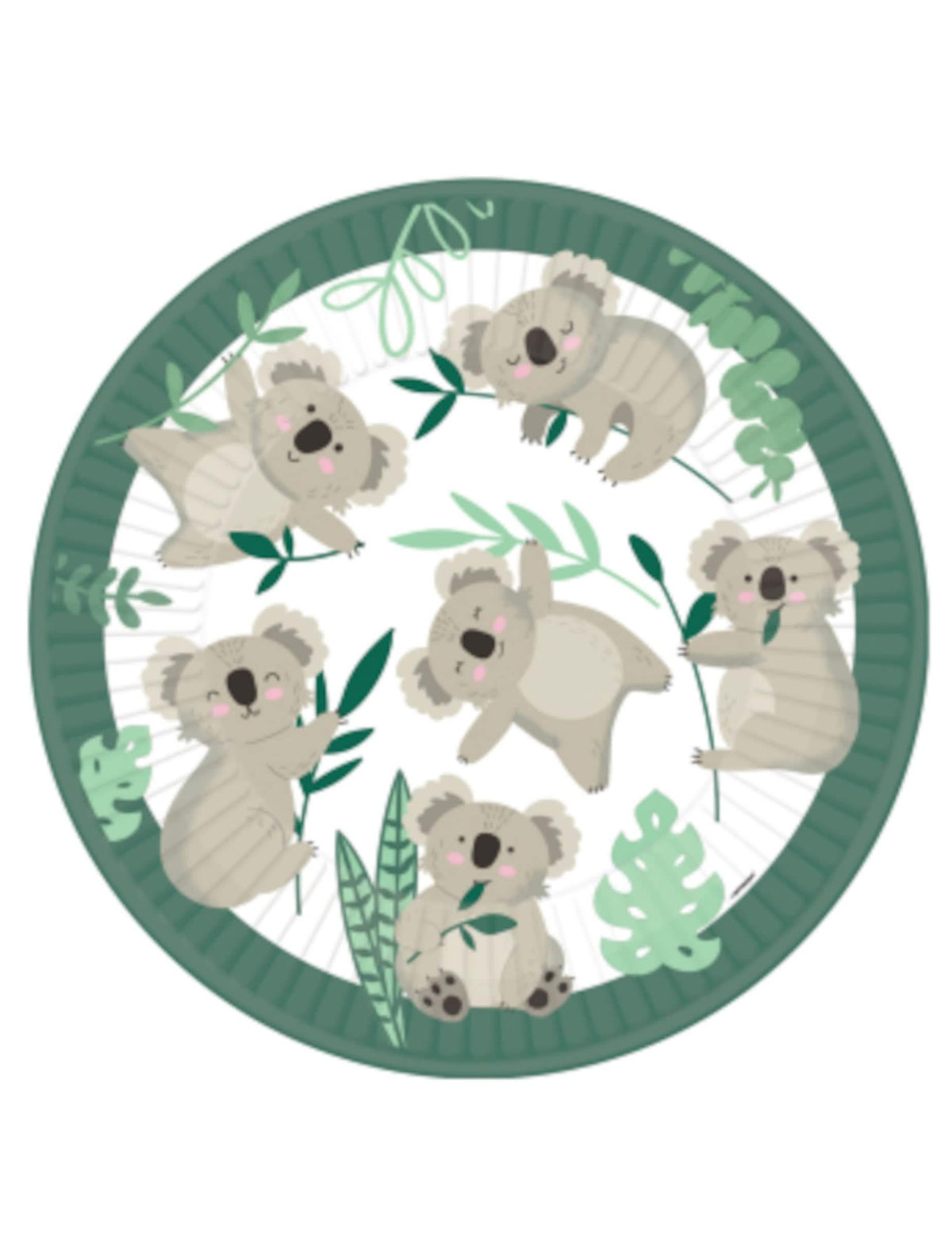Assiettes en carton koala pour enfant vert avec décor eucalyptus